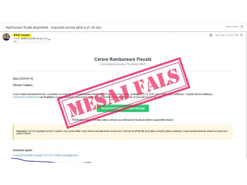 ANAF avertizeaza contribuabilii asupra unei noi campanii de e-mailuri false privind rambursari de taxe
